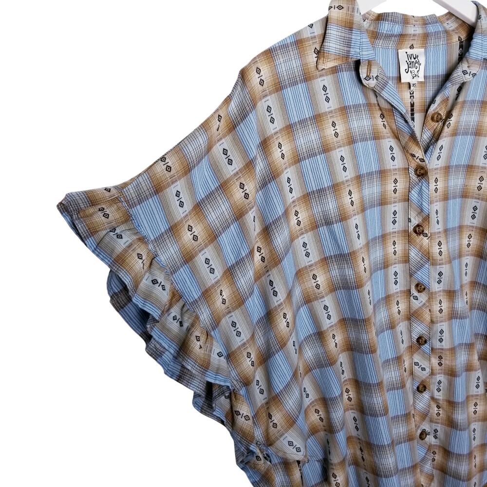 IVY JANE Ruffle Sleeve Oversize Plaid Hi Low Shirt Blue Tan XS - Picture 3 of 6
